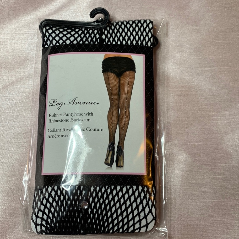 LEG AVENUE Black Fishnet Hose with Rhinestone Back Seams